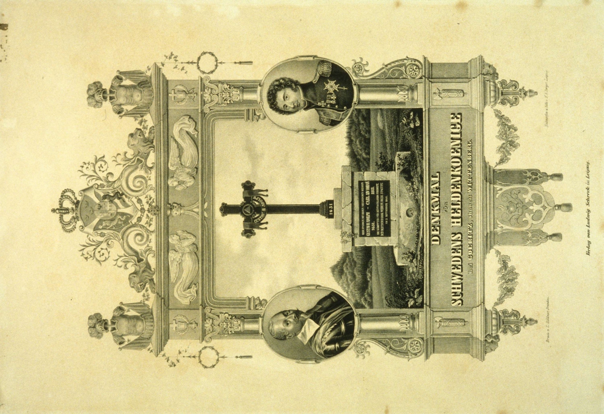 Søyleinnrammet minnesmerke i landskap med portretter av Karl XIV Johan og Gustav II Adolf på hver side
