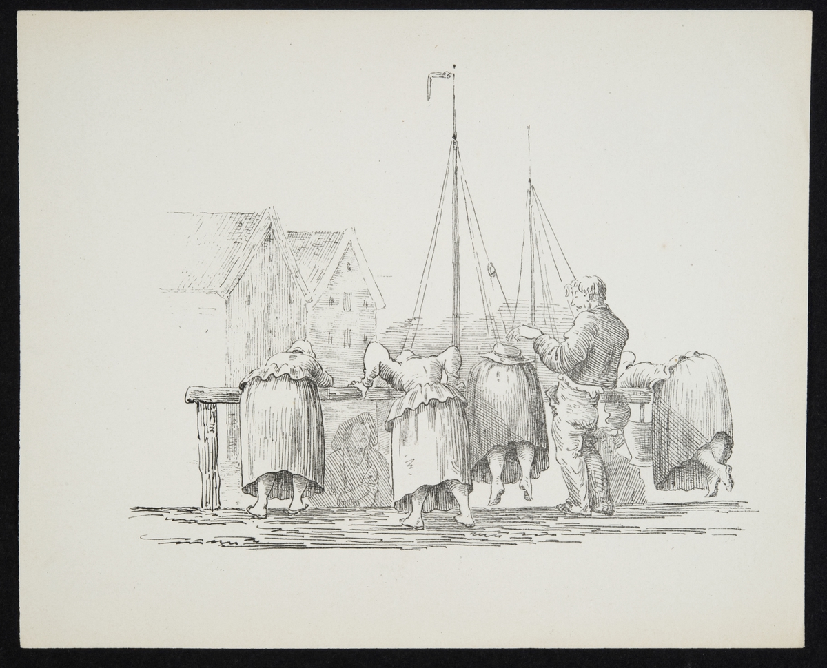 Handlende kvinner lener seg (med baksiden til) mot fiskere som selger fisk fra robåter ved Fiskebryggen i Bergen.