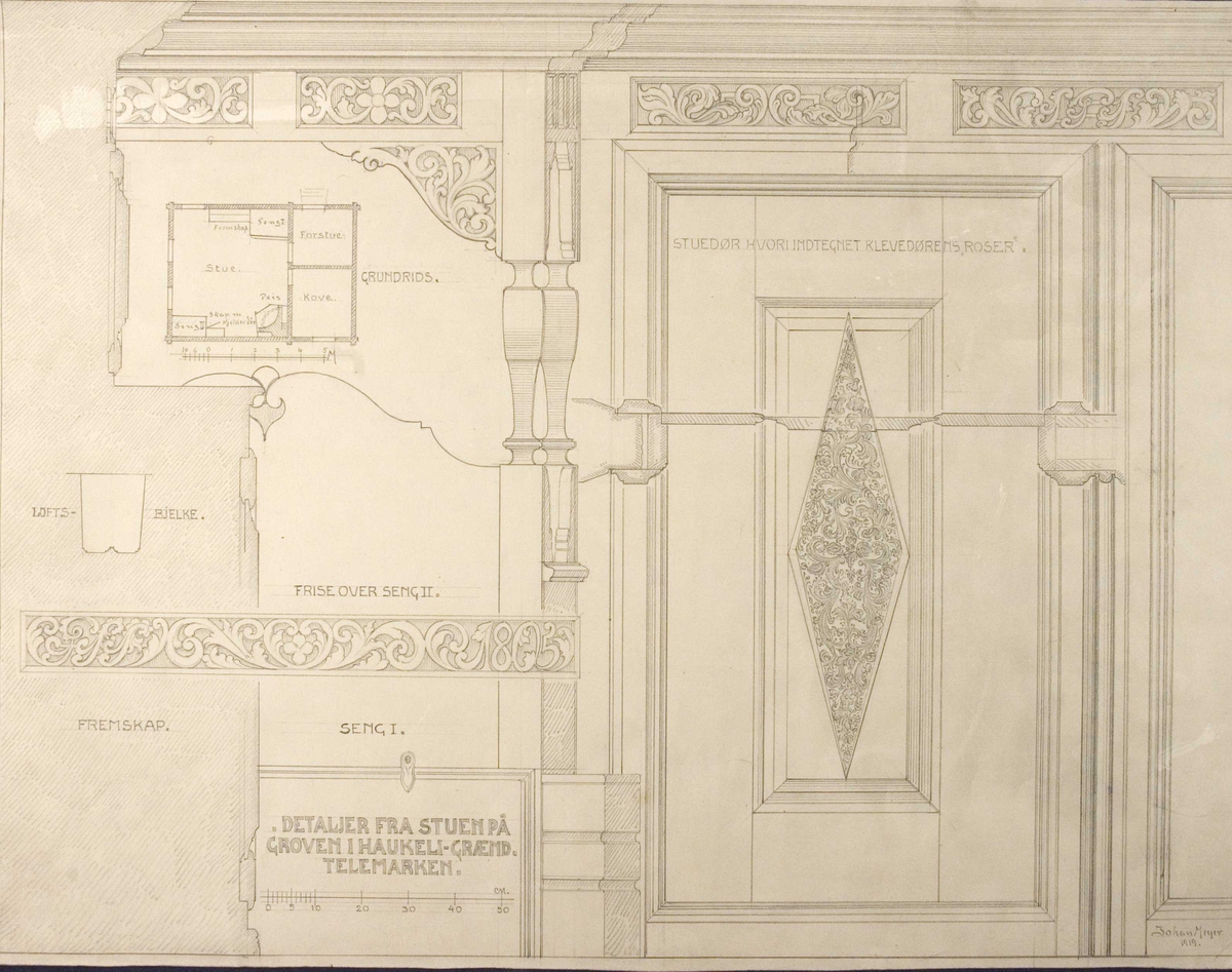 Johan J. Meyers tegning (1919) av detaljer fra stuens seng, framskap og stuedør med inntegnet dørens roser, Groven, Vinje, Telemark. Plantegning av stuen.