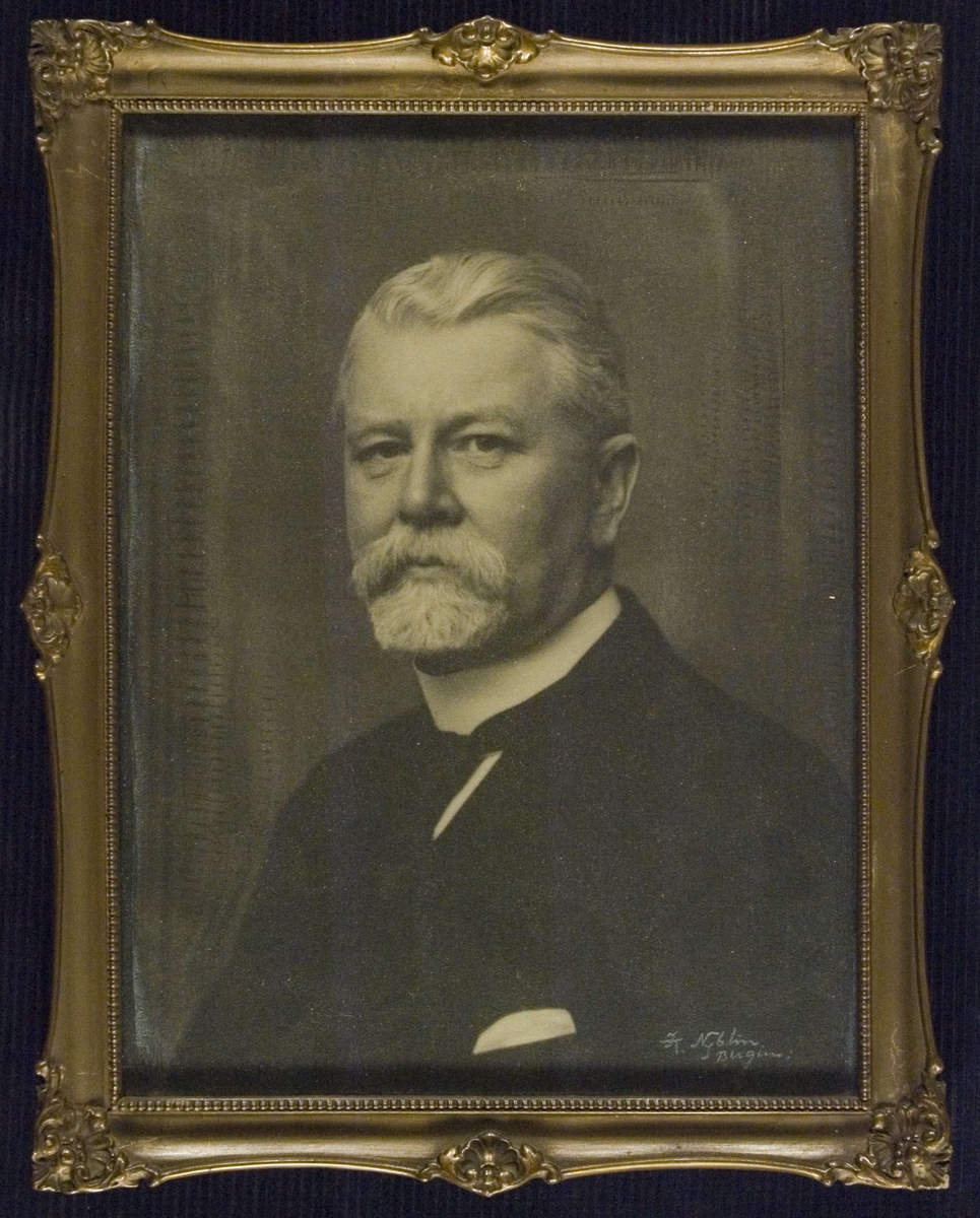 Portrett av apoteker Fredrik Angell, skjegg og bart, mørk dress, hvit skjorte med stiv, høy krage og slips. Brystbilde.