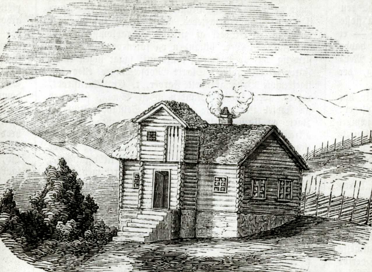 Rendalen, Nord-Østerdal, Hedmark. Fotografi av tegning/trykk av barfrøstue på en husmannsplass. Brukt i Ill. Nyhedsbl. 1860, nr. 44.