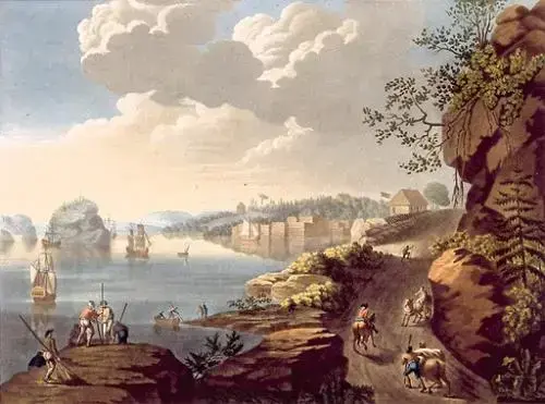 "Maleri som viser Vækerø med motiva trelasthandel, hester, skip”, av C. A. Lorentzen. Dato: 1790-1799 (Digitalt Museum).