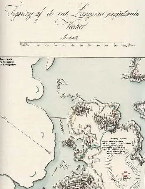 Tegning af de ved Langenæs projecterede værker." Historisk kart, med kommentarer fra Østfold fylkeskommune/P. E. Gjesvold.