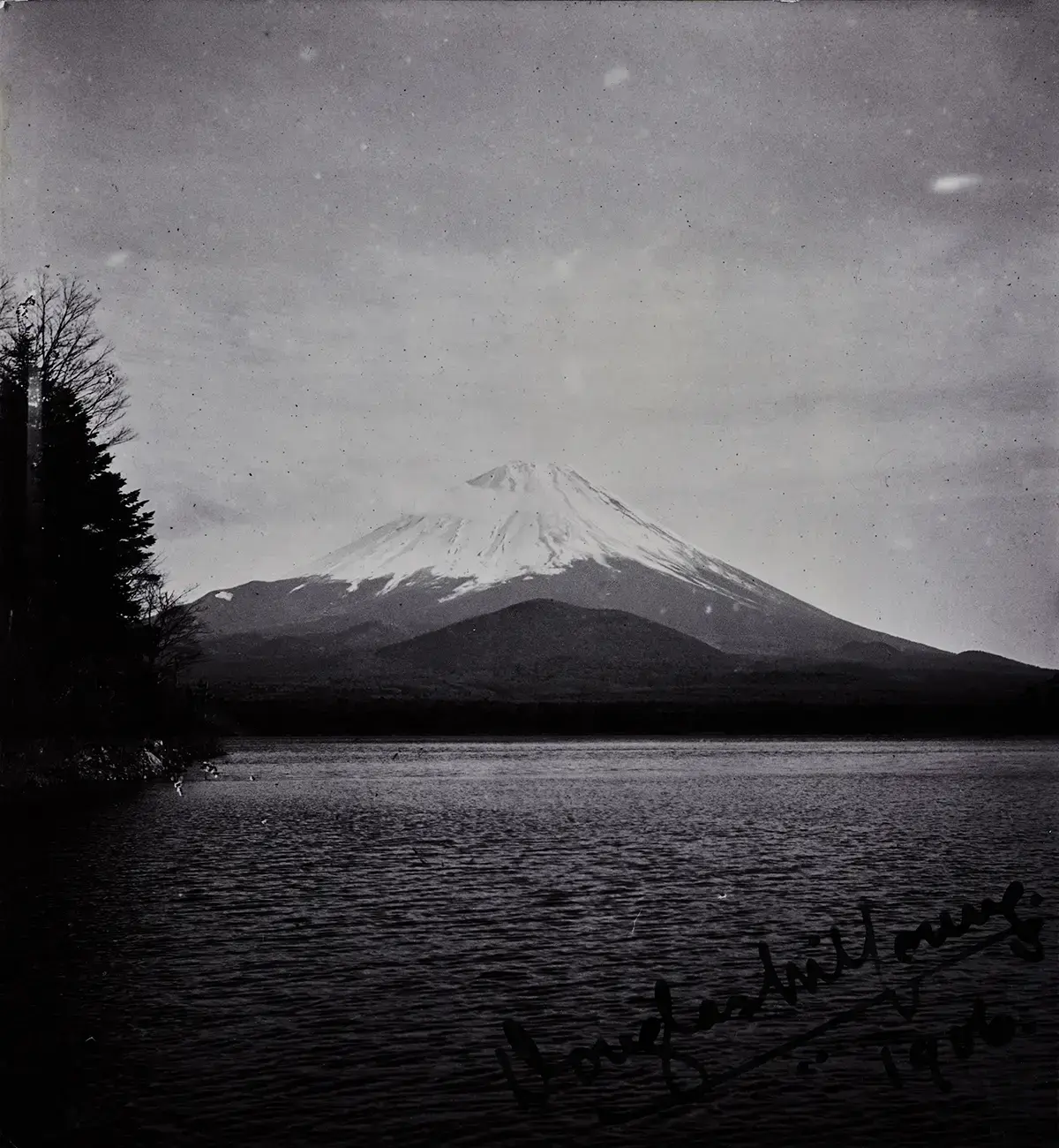 Svart hvitt fotografi av et snødekt fjell (mount Fuji) med et vann foran og en su\ilhuett av et tre på venstre side